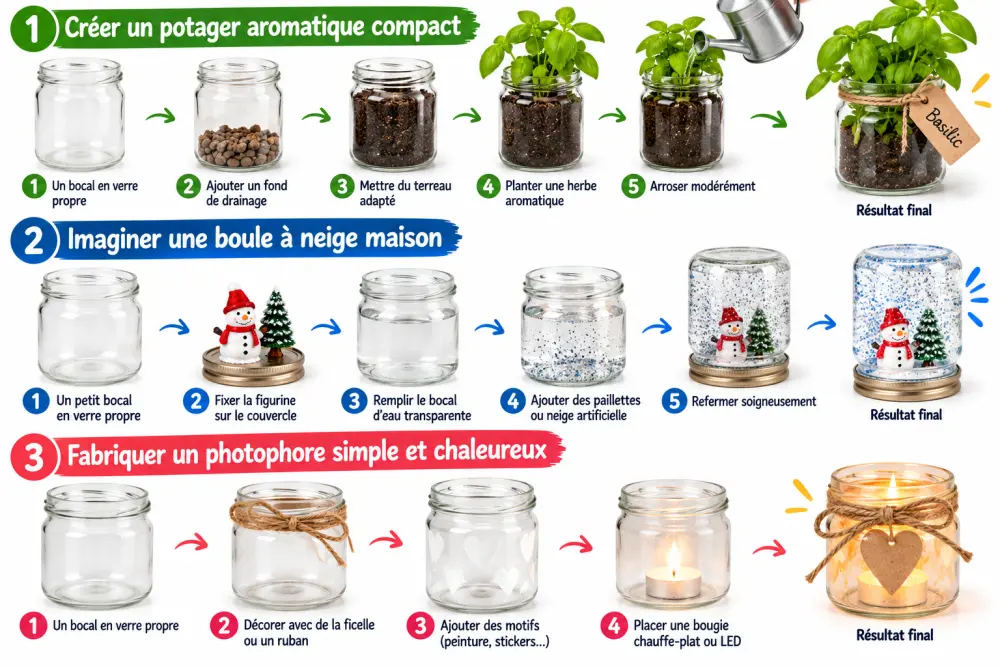 infographie en trois sections montrant des bocaux en verre transformés en potager aromatique, boule a neige maison et photophore avec bougie et cordelette