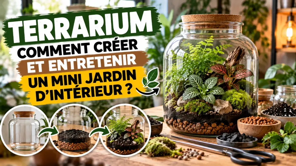 Grand bocal en verre avec bouchon de liège contient un mini jardin de fougères, feuilles veinées et mousse, sur table en bois.