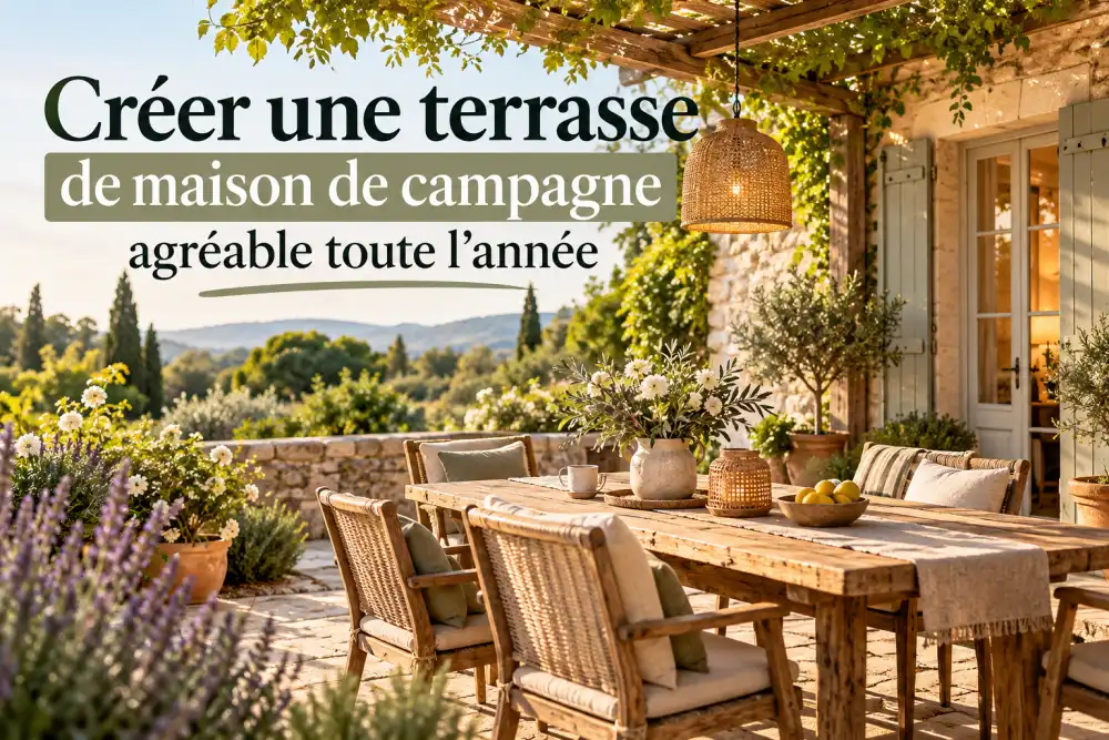 terrasse en pierre et bois avec une grande table entourée de chaises tissées, vase fleuri et lanterne en osier, vue sur un paysage vallonné