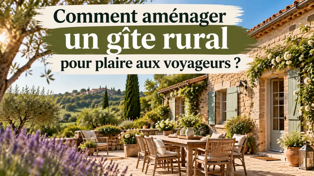 Terrasse en pierre attenante à une maison rurale, table et chaises en bois, pots de fleurs, avec vue sur une campagne verdoyante