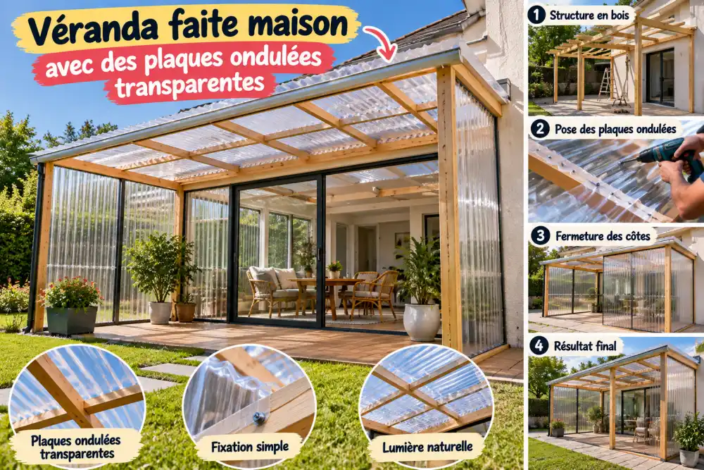 Véranda en bois fixée à une maison, toit et murs en plaques ondulées transparentes, portes vitrées et mobilier extérieur.